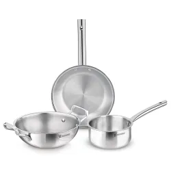 Bergner TriPro 3 Pcs Tri-Ply Stainless Steel Induction Bottom Cookware Set - 22cm (2L) Kadai and 22cm (1L) Frypan, 14cm 