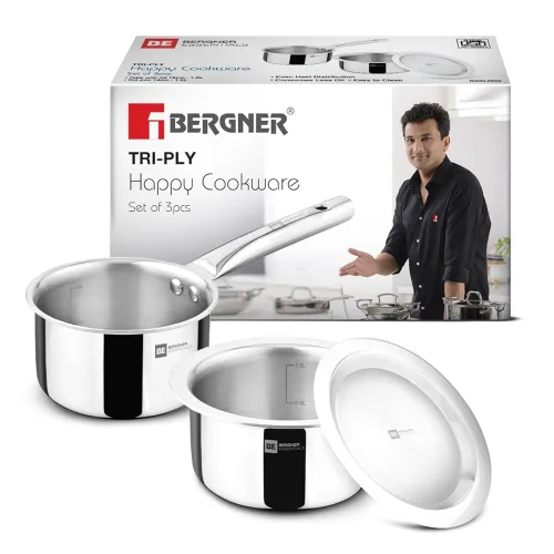 Image of Bergner Tripro Triply 3 Pcs Stainless Steel Cookware Happy Set - Tope with Lid 16cm (1.5L) and Teapan 14cm (1L), Even an