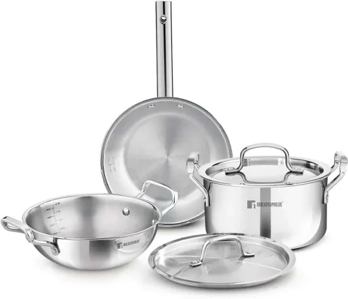Image of BERGNER TriPro Cookware Set of Kadai with Lid, Biryani Pot with Lid, Frypan Induction Bottom Cookware Set (Triply, 5 - P