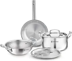 BERGNER TriPro Cookware Set of Kadai with Lid, Biryani Pot with Lid, Frypan Induction Bottom Cookware Set (Triply, 5 - P