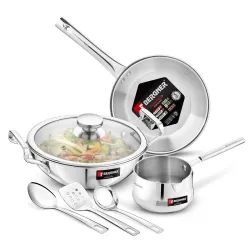 Bergner TriPro 7 Pcs Tri-Ply Stainless Steel Induction Bottom Cookware Set | 22cm (2 LTR) Kadai with Glass Lid | 22cm (1 LTR) Frypan | 12cm (0.9 LTR) Coffee Warmer | Ladle | Serving Spoon |....