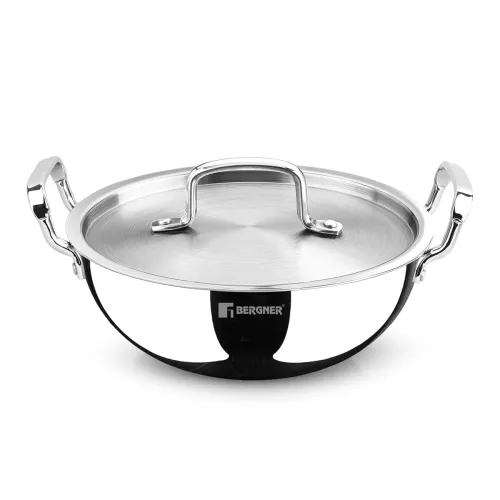 Image of BERGNER TriPro Tri-Ply Stainless Steel 24cm (3 L) Deep Kadai/Kadhai with Stainless Steel Lid, Durable Stay Cool Handles,