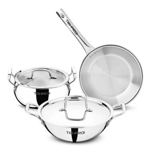 Image of BERGNER Tripro Triply Cookware Set 5 Pcs - 18cm (2.3L) Belly Shape Casserole/Biryani Handi with Lid, Kadai 22cm/2.3L and