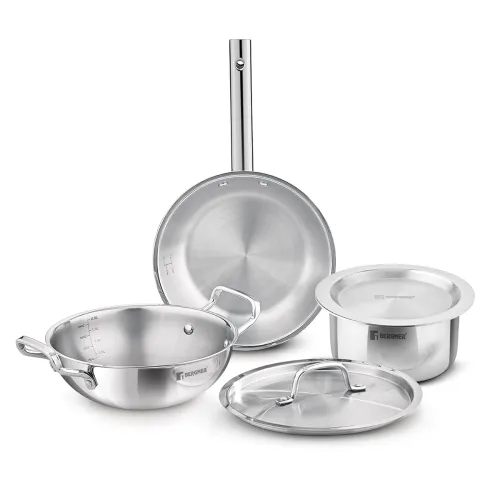 Image of Bergner Tripro Triply Cookware Set 5 Pcs - 22cm (2.3L) Kadai with Lid, 22cm Frypan, 16cm (1.8L) Tope with Lid, Consumes 