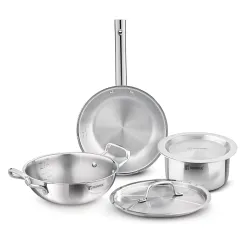 Bergner Tripro Triply Cookware Set 5 Pcs - 22cm (2.3L) Kadai with Lid, 22cm Frypan, 16cm (1.8L) Tope with Lid, Consumes 