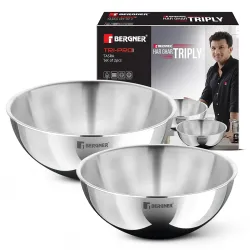 Bergner Tripro Triply Stainless Steel 2 Pcs Tasra Set, Stainless Steel 20cm / 2 L and 22cm / 2.5 L Tasla Set, Less Oil Use for Health Cooking, Even Heat Distribution, Easy to Clean - Inducti...