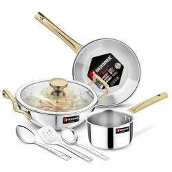 Bergner TriPro Triply Stainless Steel Induction Bottom 7 Pcs Cookware Set with PVD Coated Golden Handles, Kadai 22cm/2L with Glass Lid, Frypan 22cm, Saucepan 14cm/1.2L, Turner, Ladle, Servin...