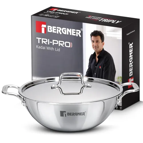 Image of Bergner TriPro Triply Stainless Steel 24cm (3L) Kadai with Stainless Steel Lid