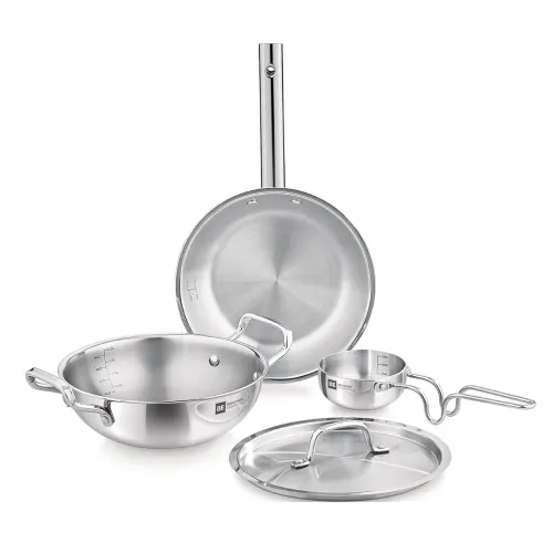 Image of Bergner TriPro Tri-Ply Stainless Steel 4 Pcs Cookware Set - 22cm Indian Wok/Kadai with Lid, 22cm Frypan, 10cm Tadka Pan,