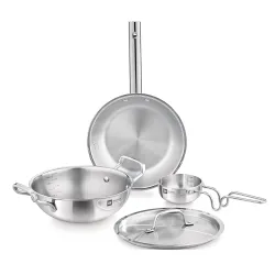 Bergner TriPro Tri-Ply Stainless Steel 4 Pcs Cookware Set - 22cm Indian Wok/Kadai with Lid, 22cm Frypan, 10cm Tadka Pan,