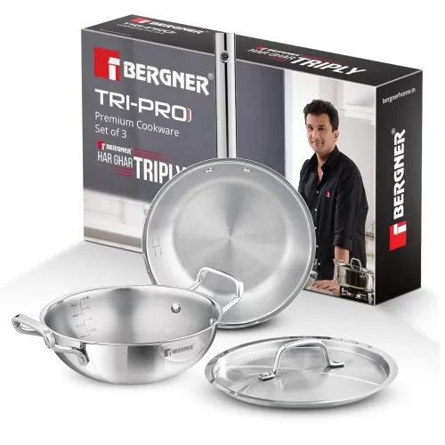 Image of Bergner Tripro Triply Stainless Steel 3 Pc Cookware Set 24cm Indian Wok Kadai with Lid 22 cm Frypan Without Lid