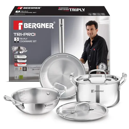 Image of BERGNER Tripro 5 Pcs Triply Stainless Steel Cookware Set Of 24Cm(3L)Kadai With Lid,20Cm(3.5L)Casserole With Lid/Biryani 