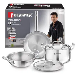 BERGNER Tripro 5 Pcs Triply Stainless Steel Cookware Set Of 24Cm(3L)Kadai With Lid,20Cm(3.5L)Casserole With Lid/Biryani 
