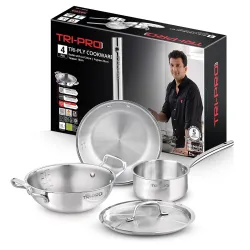 Bergner Tripro Triply Stainless Steel 4 Pc Cookware Set, 24 cm Indian Wok/Kadai with Lid, 22 cm Frypan, 16 cm Tea Pan, Even and Fast Heating, Induction Bottom, Gas Ready, Silver