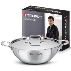 Bergner TriPro Triply Stainless Steel 24cm (3L) Kadai with Stainless Steel Lid, Even Heat Distribution, Consumes Less Oil, Healthy Cooking, Sturdy Handles, Easy to Clean, Induction and Gas S...