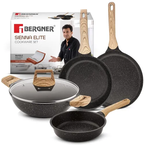 Image of Bergner Sienna Elite 5 Pcs Granite Non-Stick Cookware Set - 24cm Kadai with Glass Lid, 24cm Frypan, 18cm Frypan, 28cm Ta