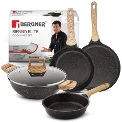 Bergner Sienna Elite 5 Pcs Granite Non-Stick Cookware Set - 24cm Kadai with Glass Lid, 24cm Frypan, 18cm Frypan, 28cm Ta