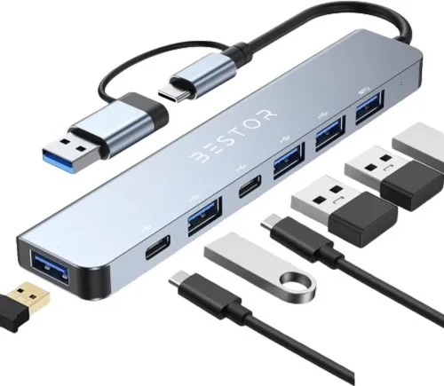 Image of Bestor 7-in-1 USB-C Hub with USB-A converter,1x USB 3.0,4xUSB 2.0,USB-C,60W PD Charging Ports USB Hub  (Grey)