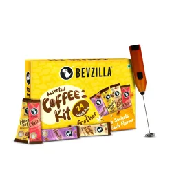 Bevzilla 24 Coffee Sachets & Frother | 24 X 2 Gram Sachets | 6 Pouches Each Flavour | Café Coffee Kit | Classic, Hazelnu