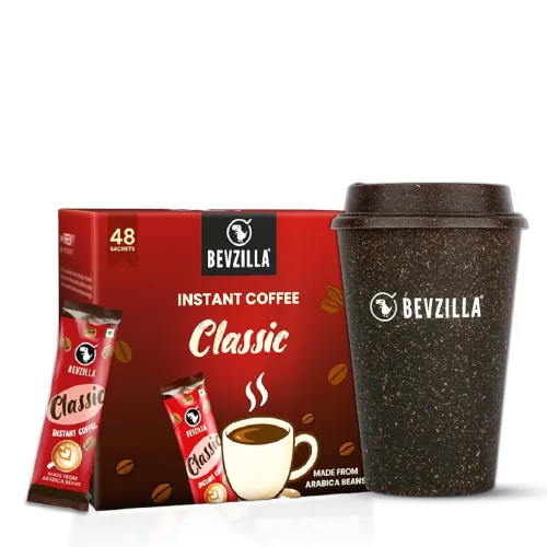 Image of Bevzilla 48 Classic Instant Coffee Sachets with Eco-Friendly Bio-Composite Tumbler | Bamboo Fiber, Coffee Husk & Rice Hu