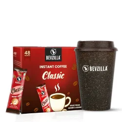 Bevzilla 48 Classic Instant Coffee Sachets with Eco-Friendly Bio-Composite Tumbler | Bamboo Fiber, Coffee Husk & Rice Hu