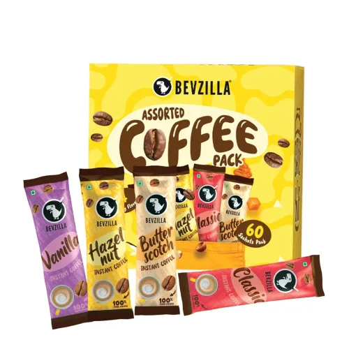 Image of Bevzilla 60 Instant Coffee Powder Sachets (4 Flavours) 120 Grams|Hazelnut,Classic,Vanilla & Butterscotch|15 Pouches Each