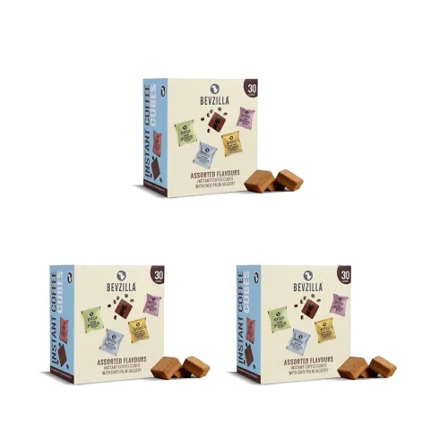 Image of Bevzilla 30 Assorted Instant Coffee Cubes Pack with Date Palm Jaggery, 4 Flavours, Arabica Coffee, Zero Refined Sugar, R