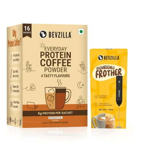 Image of Bevzilla Everyday Protein Coffee Sachets & Rechargeable Frother | Assorted 4 Flavour | 5 g Protein per Serve 