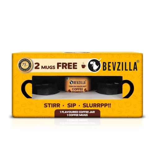 Image of Bevzilla Turkish Hazelnut Premium Edition Pack - 2 Free Coffee Mugs | 100% Arabica Beans | Instant Coffee | 75 gms Pack 