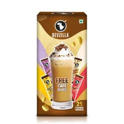 Bevzilla Premium Glass & 25 Flavoured Coffee Sachets/Pouch Box | Butterscotch, Classic, Vanilla & Hazelnut Flavour | Preimum Gift Box| Espresso, Latte,Cappuccino | Hot & Cold Brews