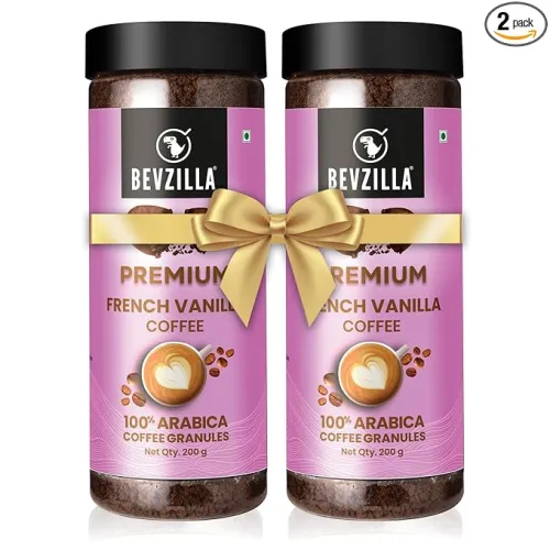 Image of Bevzilla Vanilla Flavoured Instant Coffee Powder Jar - 400 Gram(200g Pack of 2) | Make 100 Cups | Arabica Coffee | Best 