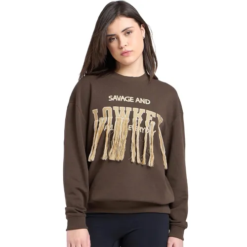 Image of Bewakoof Women's Embroidered Oversized Fit Full Sleeve Cotton Blend Sweatshirt