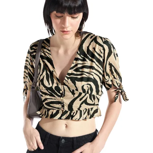 Image of Bewakoof Women's All Over Printed Regular Fit Half Sleeve V-Neck Viscose Short