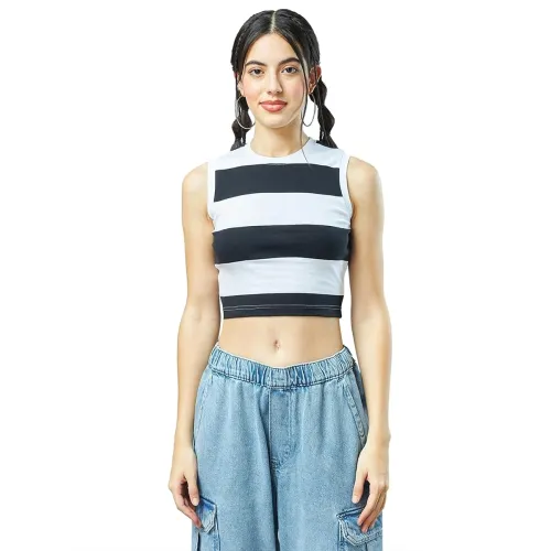 Image of Bewakoof Women's Cotton Striped Slim Fit T-Shirt