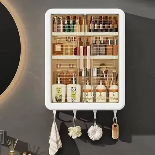 Image of Bhakti Wall-Mounted Self-Adhesive Bathroom & Kitchen Organiser with Doors and Shelves Plastic Wall Shelf  (Number of She