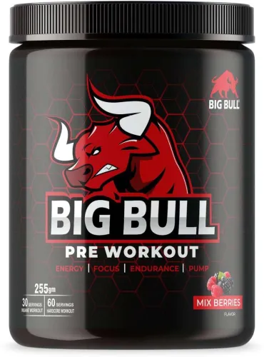 Image of Big Bull BigBull Hardcore Pre-Workout [30-60 Serving, 255g] Free Shaker Energy Drink (255 g, Mix Berries Flavored)