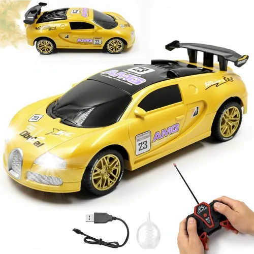 Image of Big Remote Control Car Yellow | 2.4G Rechargeable Car with 150m Range | LED Lights & Spray Effect | High-Speed Drift Toy