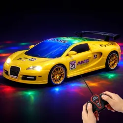 Big Remote Control Car Yellow | 2.4G Rechargeable Car with 150m Range | LED Lights & Spray Effect | High-Speed Drift Toy
