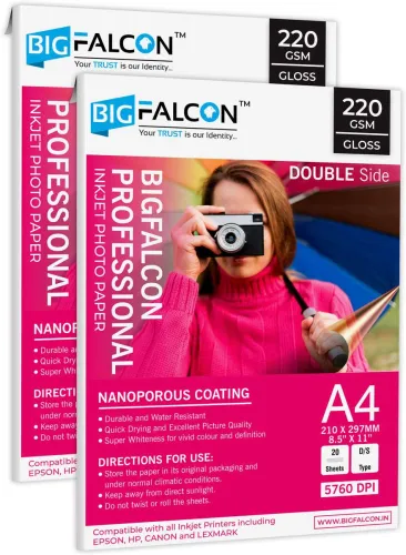 Image of BIGFALCON Professional A4 Double Sided Glossy Inkjet Photo Paper 220 GSM (40 Sheets) Unruled A4 (8.5x11 inch) 220 gsm Ph