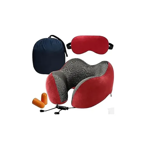 Image of BigPlayer Premium Memory Foam Travel Neck Pillow Set - Includes Eye Mask, Carry Bag, and Ear Plugs (Red) - Ultimate Comf