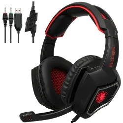 BigPlayer SADES Spirit Wolf 3.5mm Wired Stereo Gaming Headset Headband Headphones with Microphone Deep Bass Over-The-Ear Noise Isolating Volume Control LED Lights for PC Gamers (Black Red),....