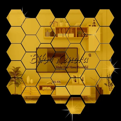 Image of Bikri Kendra - 32 Hexagon with 20 Butterfly Golden Stickers for Wall, Hexagon Mirror, Acrylic Mirror, Wall Mirror Sticke