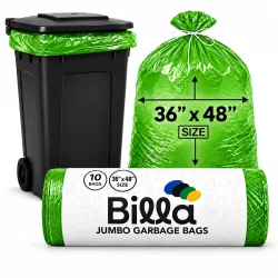 BILLA Jumbo Garbage Bags 36 x 48 Inch | XXL Trash Bags | Green | 10 Bags