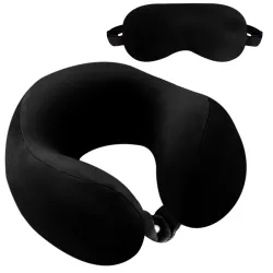 Billebon Extra Soft Memory Foam Luxury Travel Neck Support Rest Pillow with Soft Washable & Removable Cover, Multipurpose Comfortable Travel Pillow for Airplane (Black with Eye MASK)
