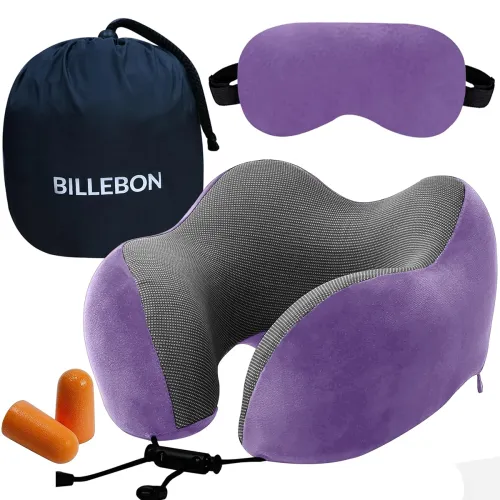 Image of Billebon Premium Memory Foam Travel Neck Pillow Combo with Soft Eye Mask, Carry Bag, and Ear Plugs (Lavender with Eye Ma