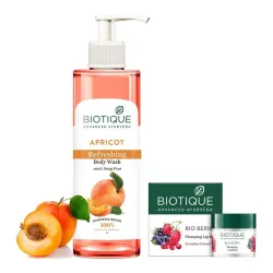 Biotique Bio Berry Plumping Lip Balm Smoothes & Swells Lips 12G & Biotique Apricot Body Wash