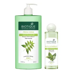 Biotique Bio Neem Margosa Anti Dandruff Shampoo & Conditioner, 650ml & Basil & Parsley Revitalizing Body Wash, 200ml