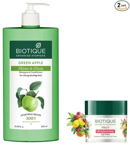 Image of Biotique Green Apple Shine & Gloss Shampoo & Conditioner 650ml + Bio Fruit Lip Balm 12g