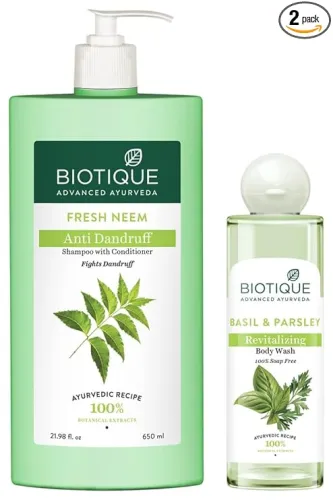 Image of Biotique Bio Neem Margosa Anti Dandruff Shampoo & Conditioner, 650ml & Basil & Parsley Revitalizing Body Wash, 200ml