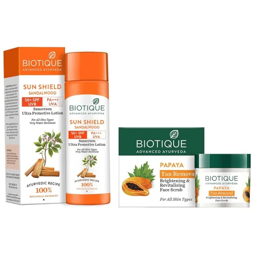 Image of Biotique Bio Sandalwood 50+ Spf Uva /Uvb Sunscreen For All Skin Types Ultra Soothing Face Lotion, 120Ml & Bio Papaya Rev